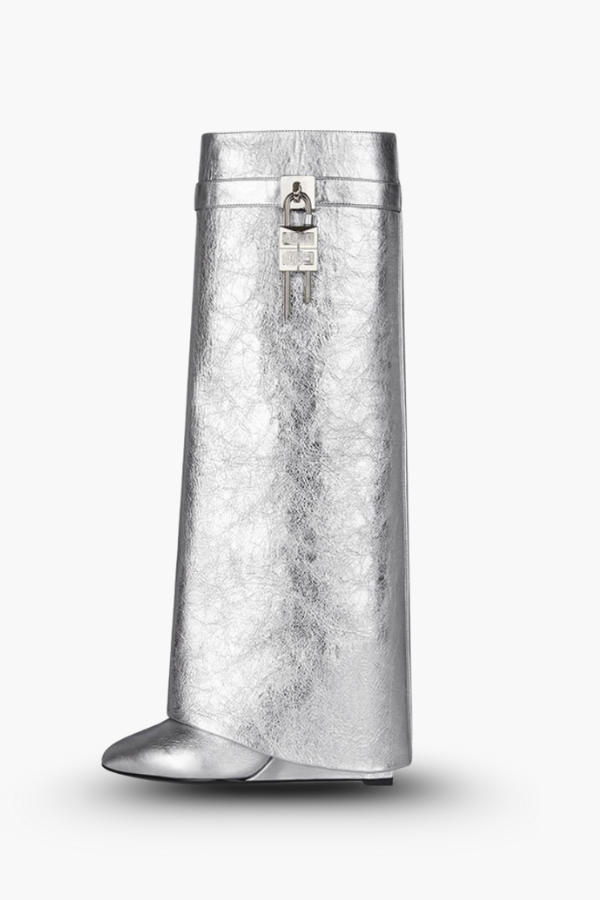 Sculptural Black Wedge Knee-High Boots in Glossy Finish