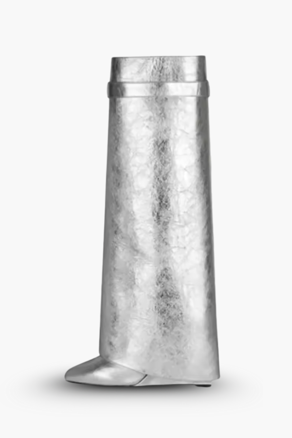 Sculptural Black Wedge Knee-High Boots in Glossy Finish
