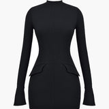 Navy Long Sleeve Bodycon Mini Dress with Peplum Waist Detail