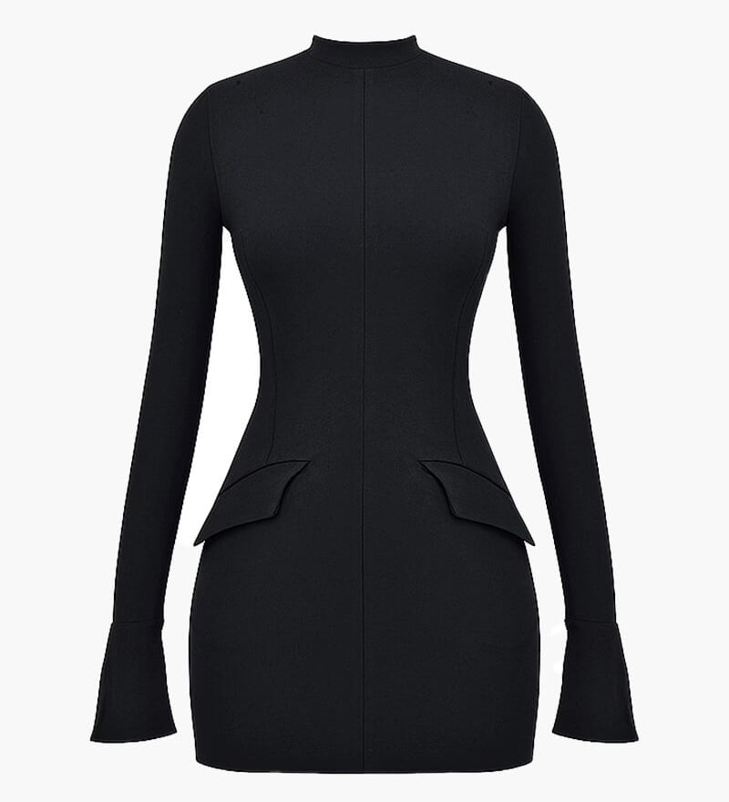 Navy Long Sleeve Bodycon Mini Dress with Peplum Waist Detail