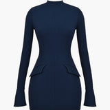 Navy Long Sleeve Bodycon Mini Dress with Peplum Waist Detail