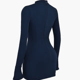 Navy Long Sleeve Bodycon Mini Dress with Peplum Waist Detail
