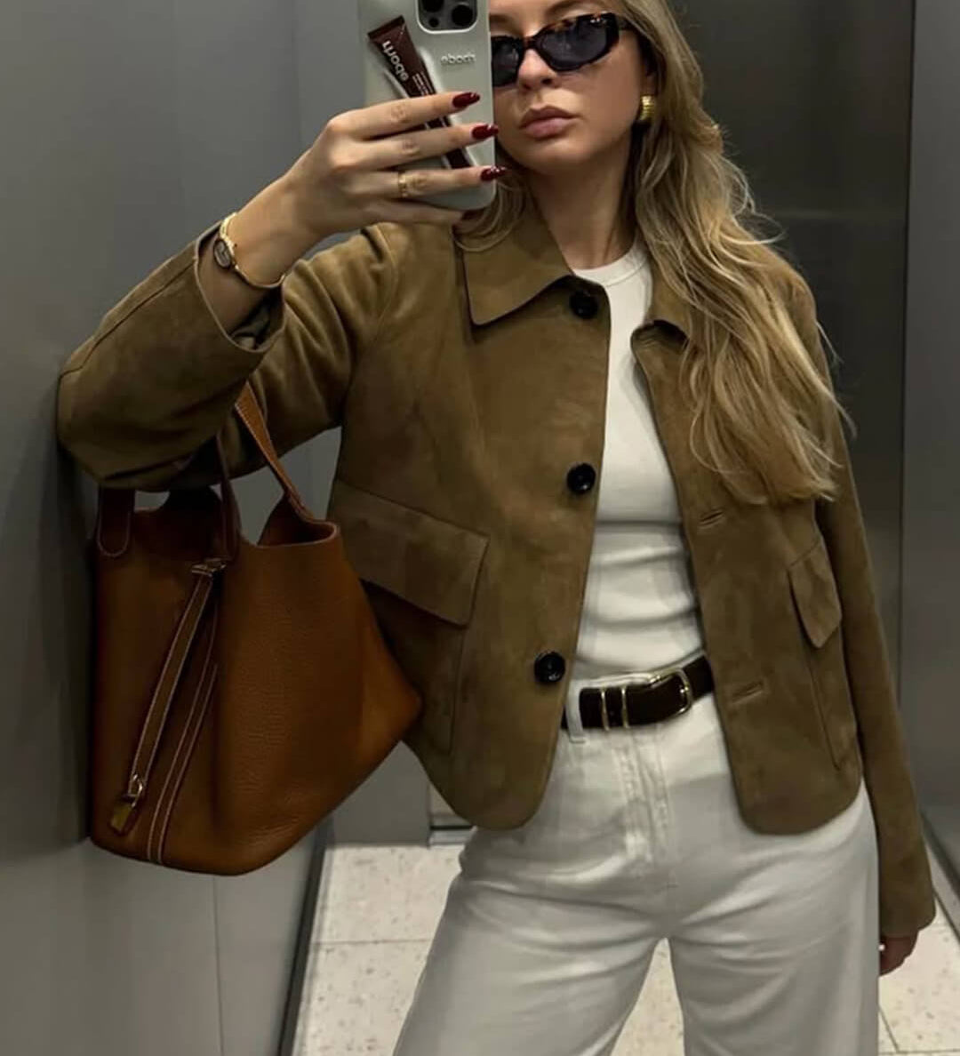 Retro Faux Suede Jacket with Front Flap Pockets