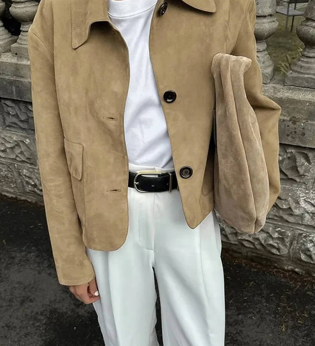 Retro Faux Suede Jacket with Front Flap Pockets