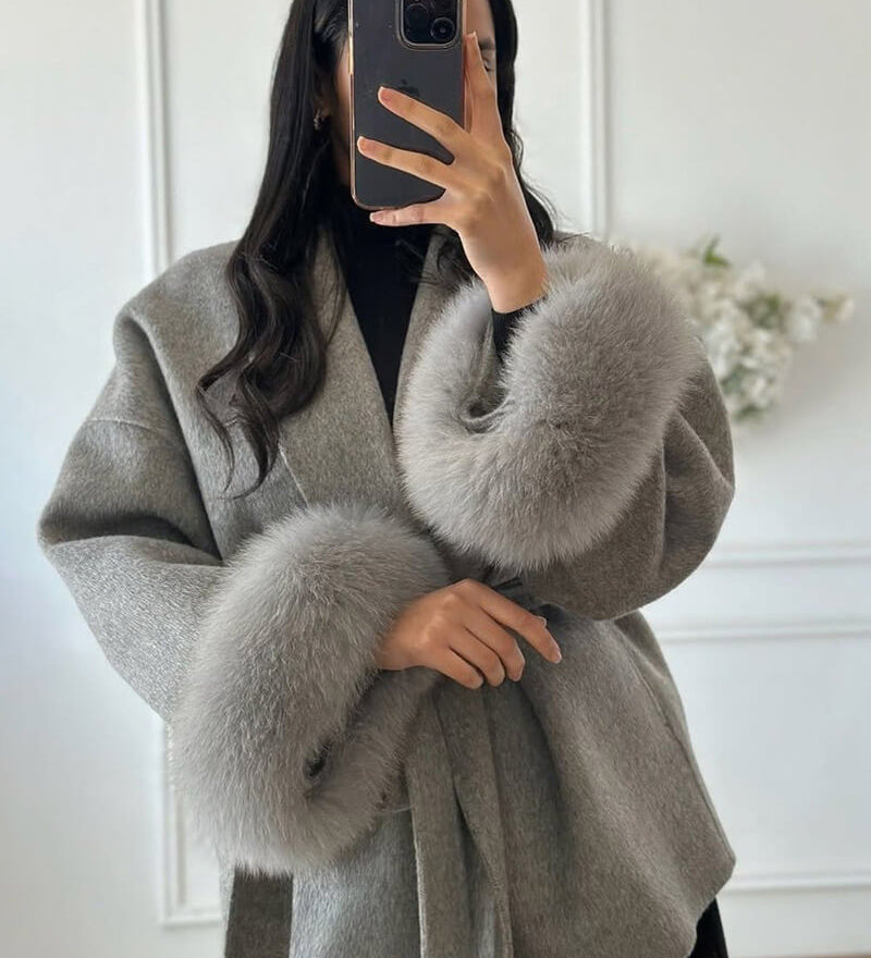 Belted Wool-Blend Wrap Coat with Faux Fur Cuffs
