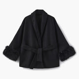 Belted Wool-Blend Wrap Coat with Faux Fur Cuffs