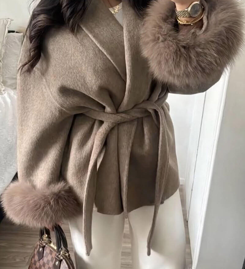 Belted Wool-Blend Wrap Coat with Faux Fur Cuffs