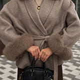 Belted Wool-Blend Wrap Coat with Faux Fur Cuffs