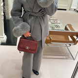 Belted Wool-Blend Wrap Coat with Faux Fur Cuffs