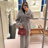Belted Wool-Blend Wrap Coat with Faux Fur Cuffs