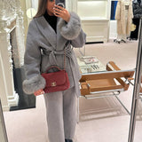 Belted Wool-Blend Wrap Coat with Faux Fur Cuffs