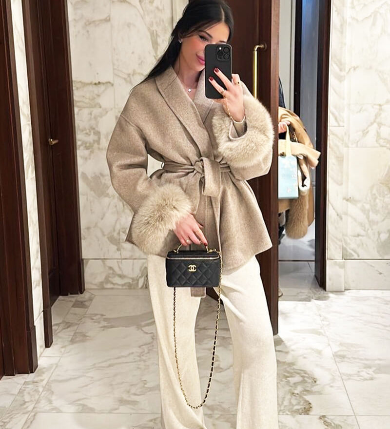 Belted Wool-Blend Wrap Coat with Faux Fur Cuffs