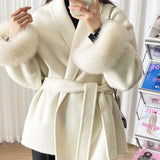 Belted Wool-Blend Wrap Coat with Faux Fur Cuffs