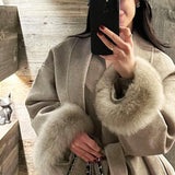 Belted Wool-Blend Wrap Coat with Faux Fur Cuffs