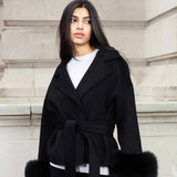 Belted Wool-Blend Wrap Coat with Faux Fur Cuffs