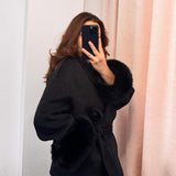 Belted Wool-Blend Wrap Coat with Faux Fur Cuffs