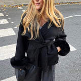 Belted Wool-Blend Wrap Coat with Faux Fur Cuffs