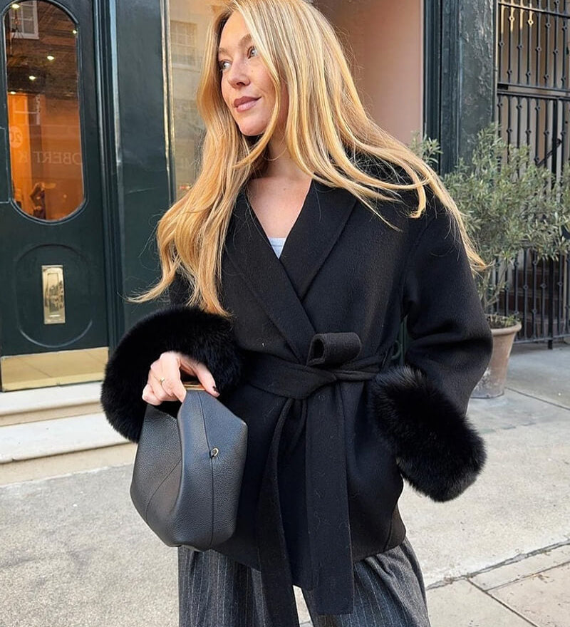 Belted Wool-Blend Wrap Coat with Faux Fur Cuffs