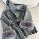 Belted Wool-Blend Wrap Coat with Faux Fur Cuffs