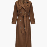 Long Faux Suede Trench Coat with Belted Waist