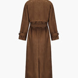 Long Faux Suede Trench Coat with Belted Waist