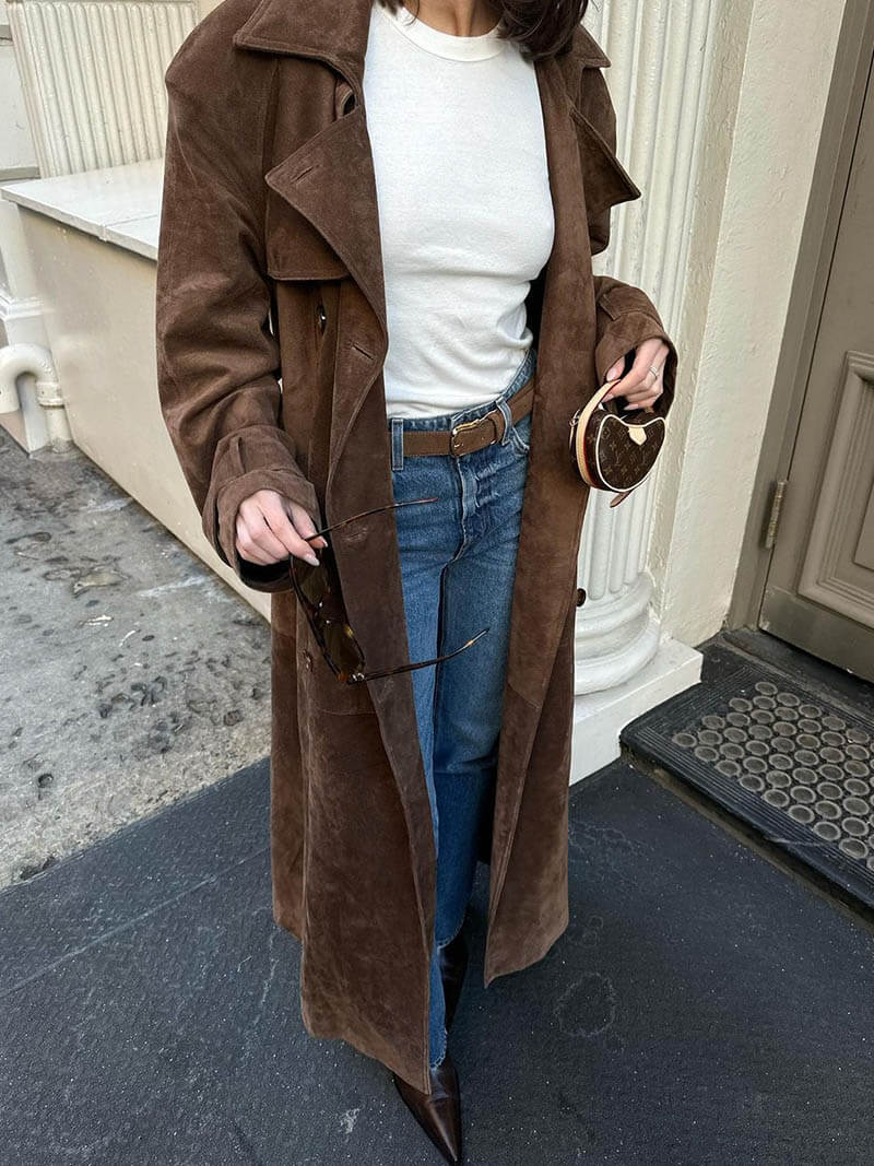 Long Faux Suede Trench Coat with Belted Waist