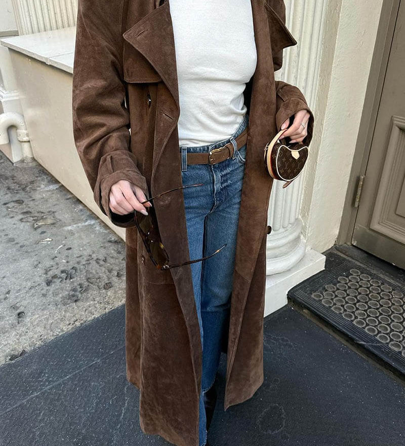 Long Faux Suede Trench Coat with Belted Waist