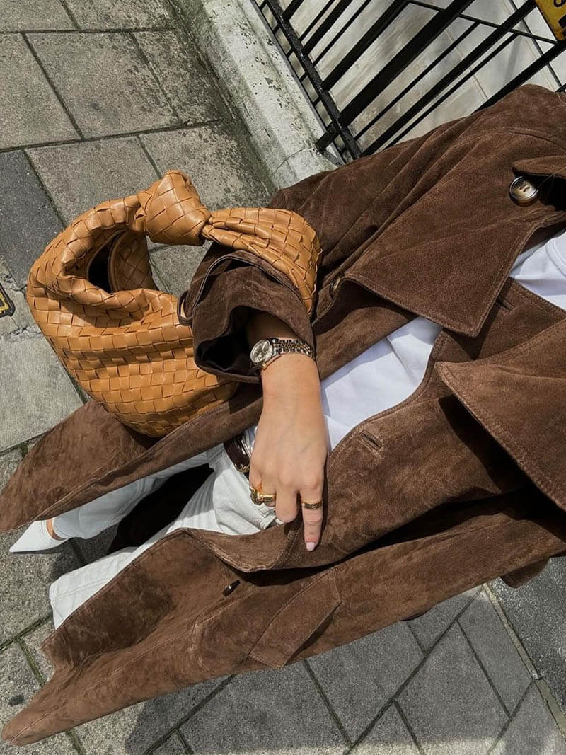 Long Faux Suede Trench Coat with Belted Waist