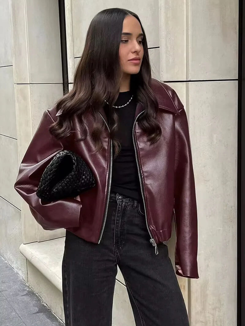 Minimalist Faux Leather Zip-Up Jacket with Pointed Collar