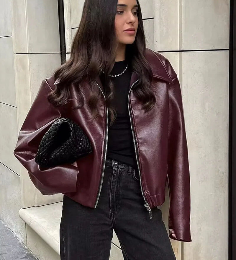 Minimalist Faux Leather Zip-Up Jacket with Pointed Collar