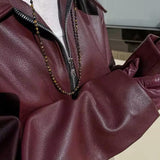 Minimalist Faux Leather Zip-Up Jacket with Pointed Collar