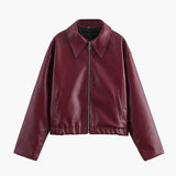Minimalist Faux Leather Zip-Up Jacket with Pointed Collar