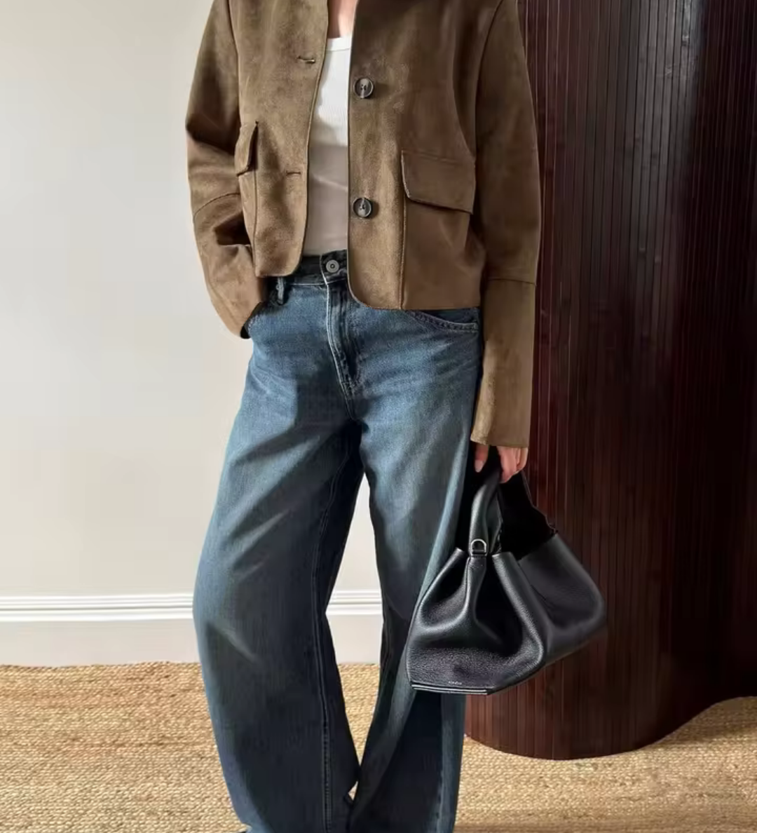 Retro Faux Suede Jacket with Front Flap Pockets