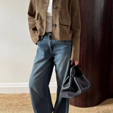 Retro Faux Suede Jacket with Front Flap Pockets