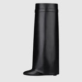 Sculptural Black Wedge Knee-High Boots in Glossy Finish