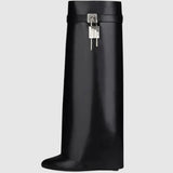 Sculptural Black Wedge Knee-High Boots in Glossy Finish