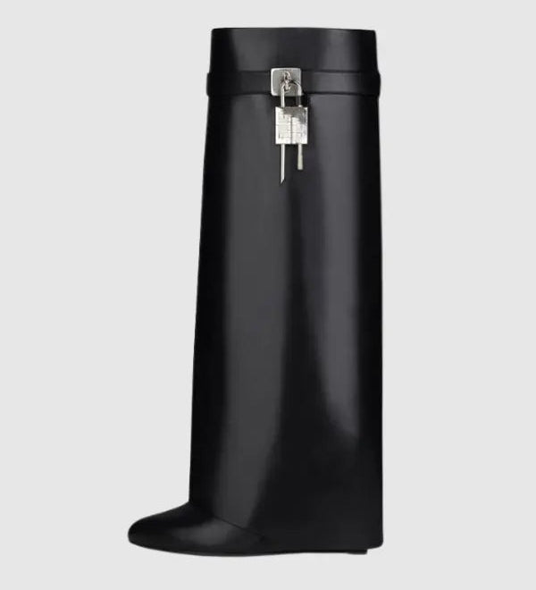 Sculptural Black Wedge Knee-High Boots in Glossy Finish