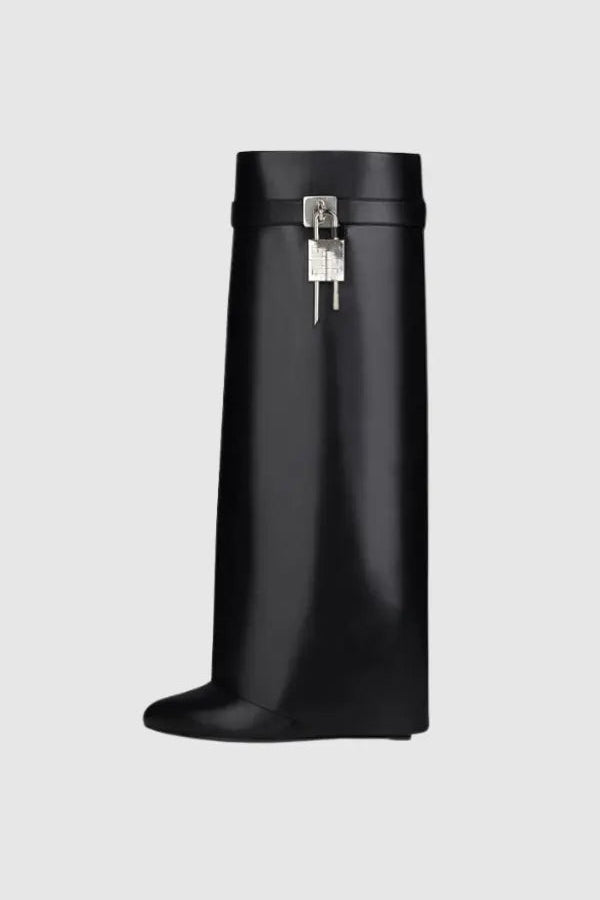 Sculptural Black Wedge Knee-High Boots in Glossy Finish
