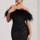 Off-Shoulder Sequin Mini Dress with Feather Trim