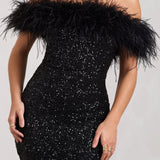 Off-Shoulder Sequin Mini Dress with Feather Trim