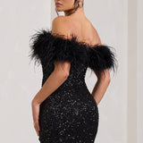 Off-Shoulder Sequin Mini Dress with Feather Trim