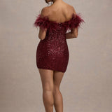 Off-Shoulder Sequin Mini Dress with Feather Trim