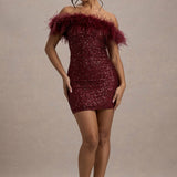 Off-Shoulder Sequin Mini Dress with Feather Trim