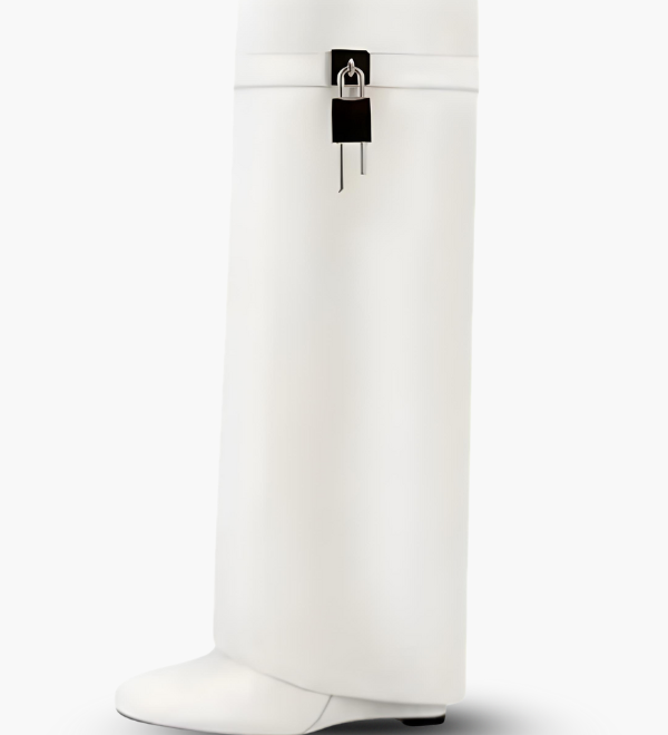 Sculptural Black Wedge Knee-High Boots in Glossy Finish