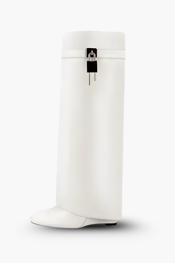 Sculptural Black Wedge Knee-High Boots in Glossy Finish