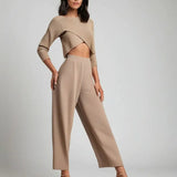 Three-Piece Layered Knit and Shirt Wide-Leg Trouser Set