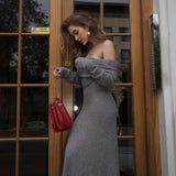 Off-Shoulder Ribbed Knit Maxi Dress for Women – Elegant & Cozy Fit