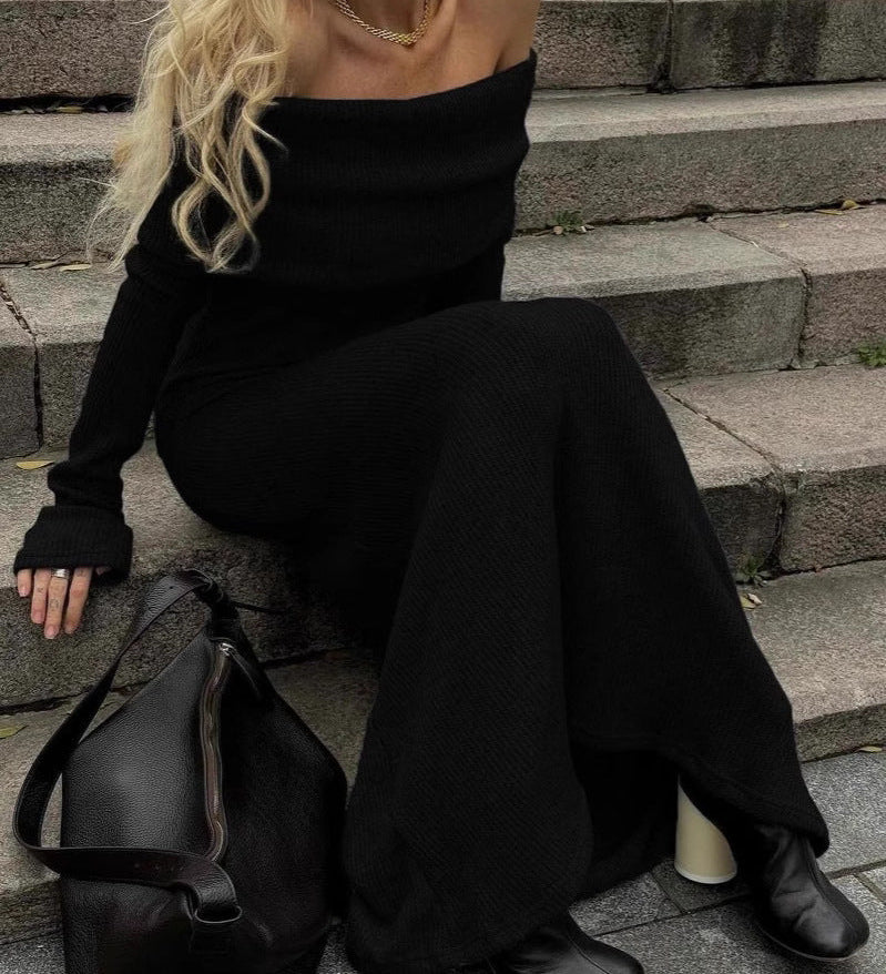 Off-Shoulder Ribbed Knit Maxi Dress for Women – Elegant & Cozy Fit