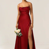 Satin Cowl Neck Maxi Dress with Side Slit