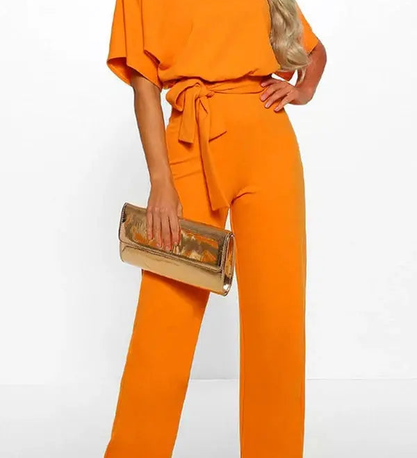 Wide-Leg Belted Short Sleeve Jumpsuit